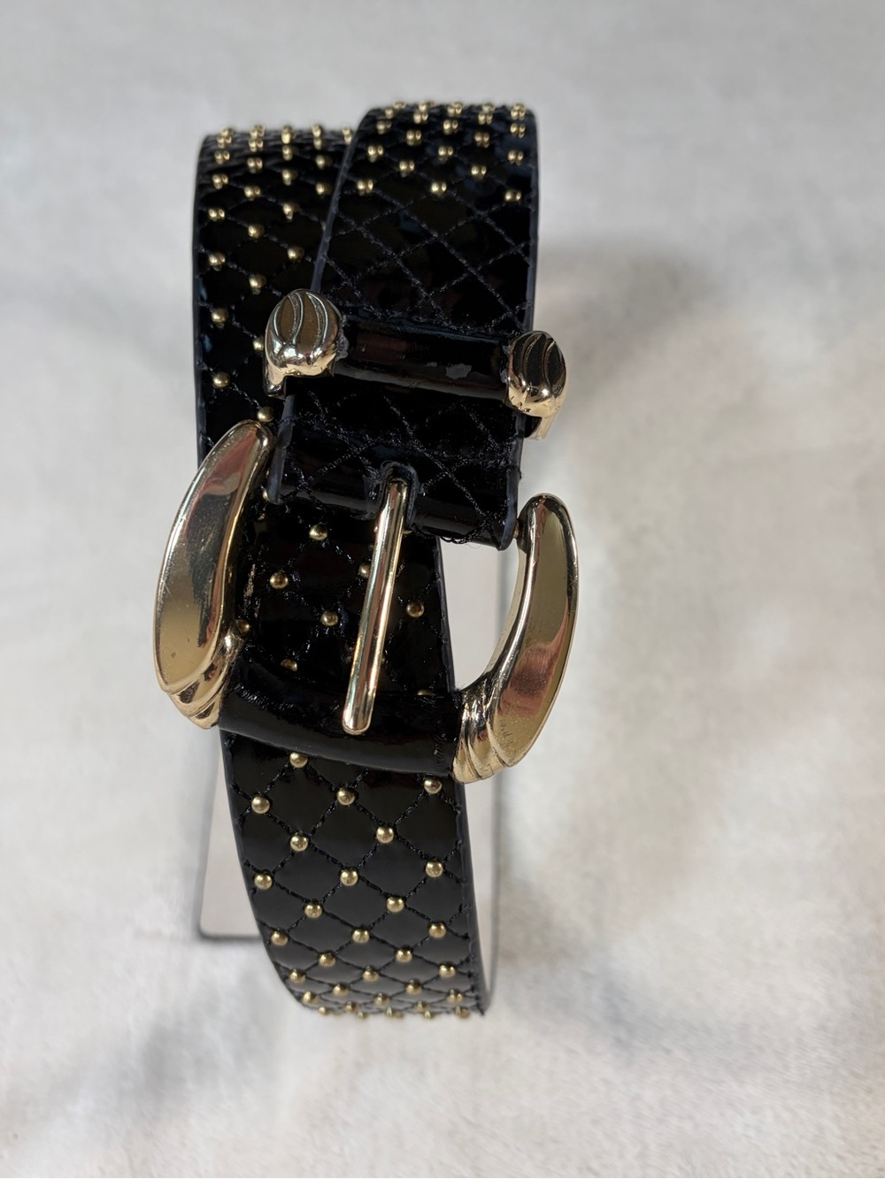 White House Black Market Quilted Studded Leather Belt Black Gold - Size Large